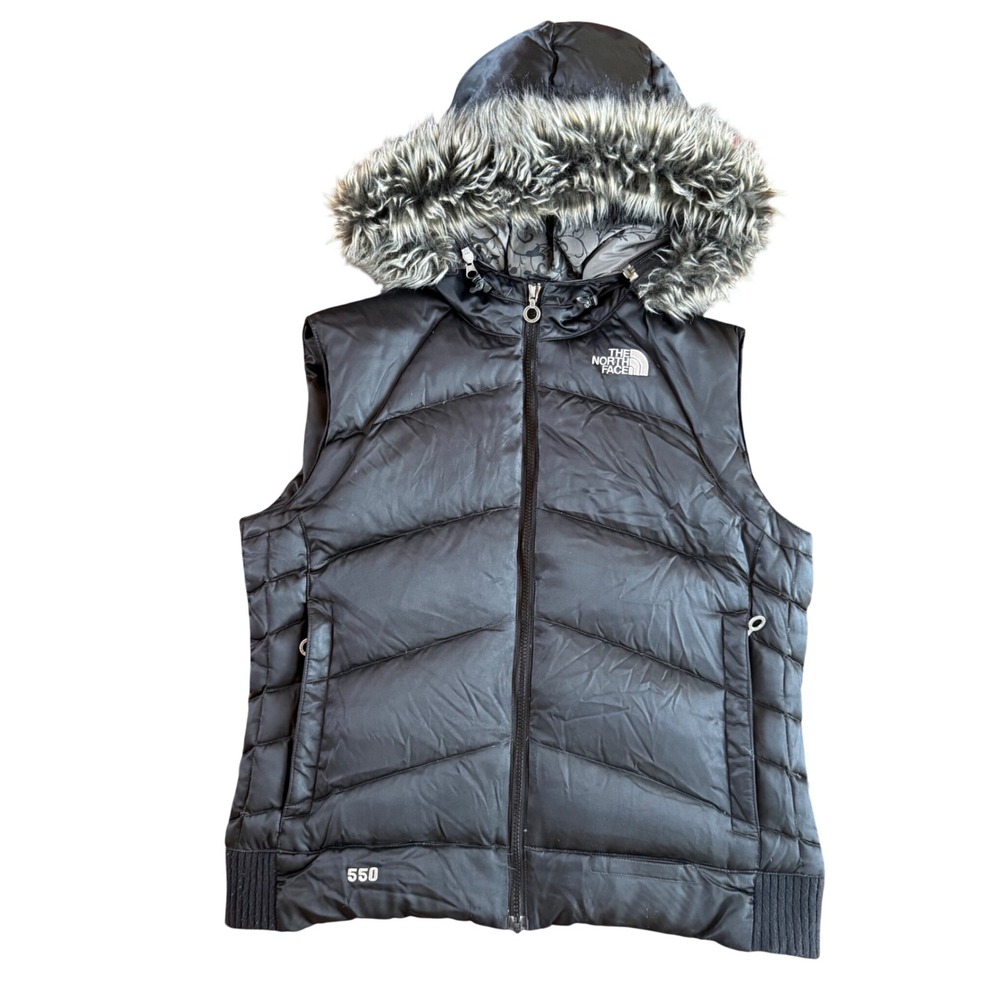 The North Face Puffer Vest Womens XL Black 550 Down Faux Fur Hood Quilted Zip Up